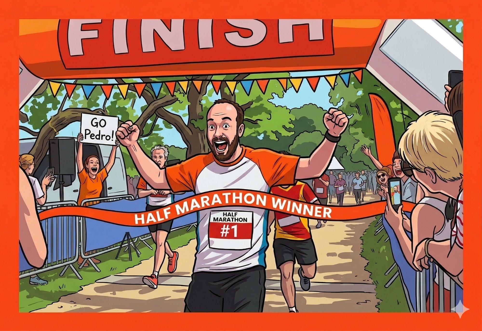 Pedro crossing the finish line — illustration